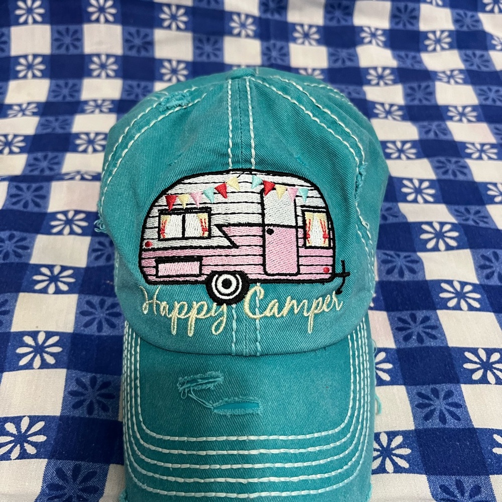 Women’s Distressed Teal 'Happy Camper' Embroidered Cap